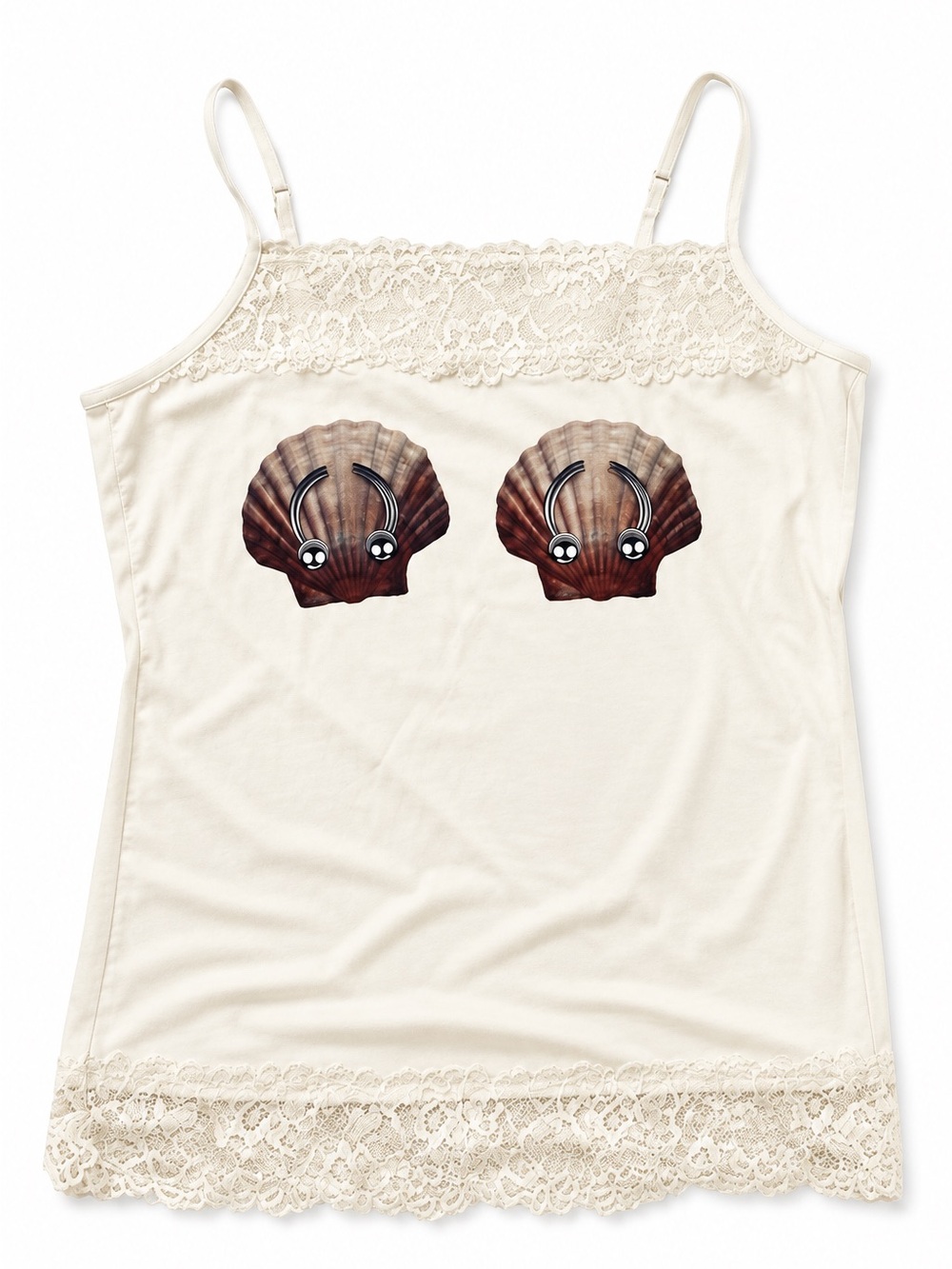 White cream soft stretchy tank with lace and mermaid shell pierced designs